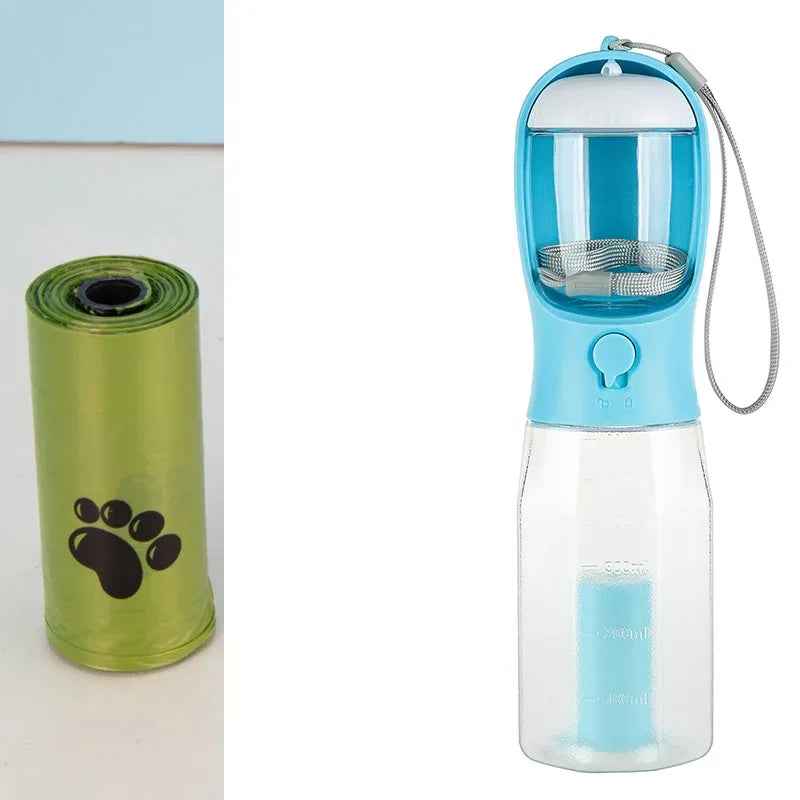 3-in-1 portable pet water bottle with food and waste bag dispenser